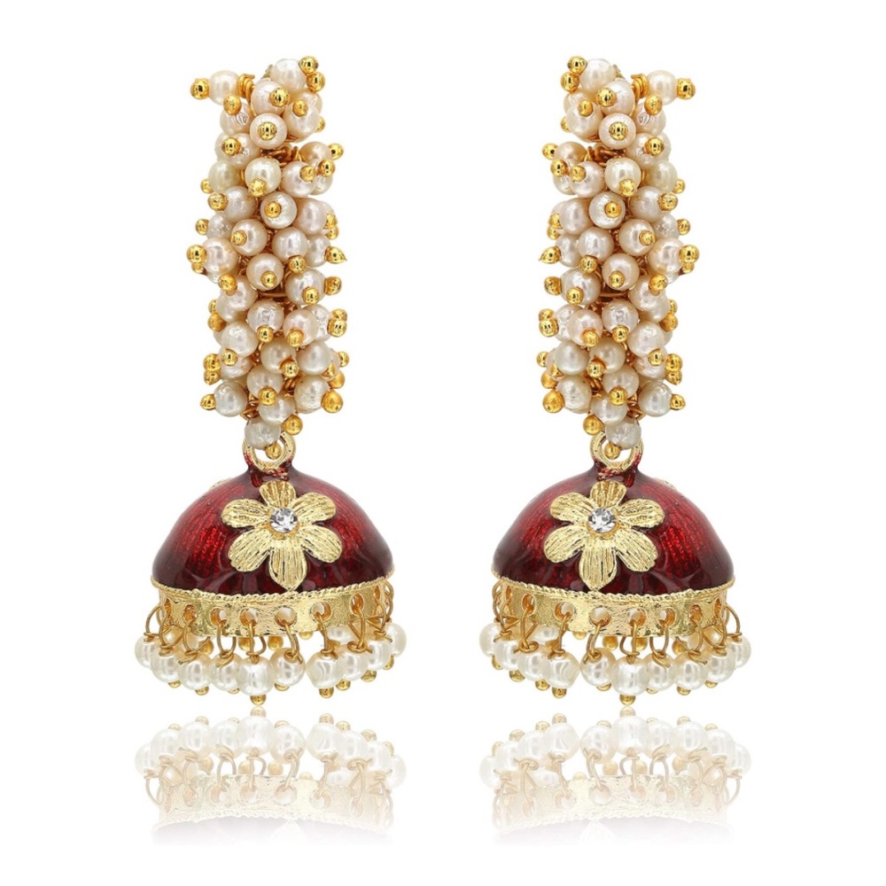 #37 - Maroon Tradition Indian Jhumki dome shaped Earrings with White Pearls